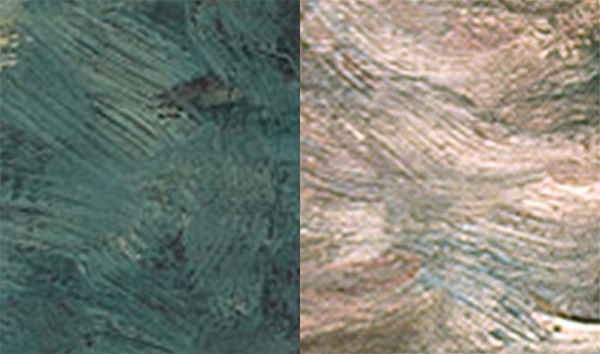 High resolution image of The Metropolitan Museum of Art's Moonlight, Wood Island clearly displays raking marks to the lower right of center. In the comparison image below, the dimensions are matched, each showing an area of 2.25 x 2.5 inches.