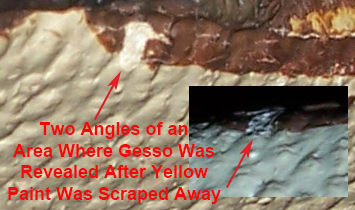 Two angles of an area where the gesso was revealed after the yellow paint was scraped away.