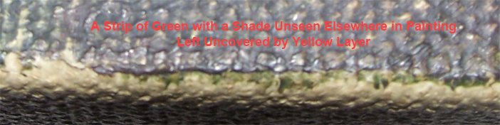 A strip of green with a shade unseen elsewhere in the painting left uncovered by the yellow layer.