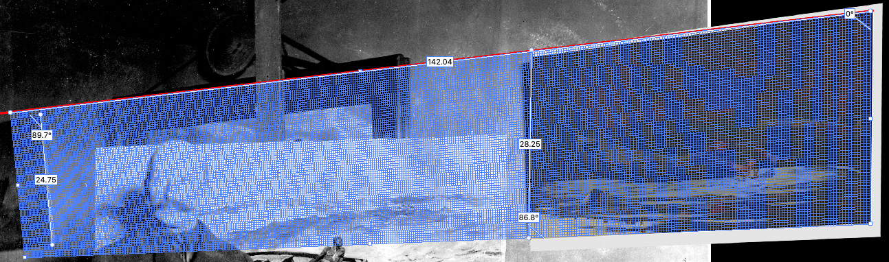 Superimposing the complete painting, using the water reflections, hound and canoe stern as registration points, then drawing a line from the upper right that is 1.1° less than the top edge of Hound and Hunter (half of the 2.2° formed by the edge of the painting and the shadow), the Vanishing Point tool again indicates the unknown painting is in the 24 inch range.