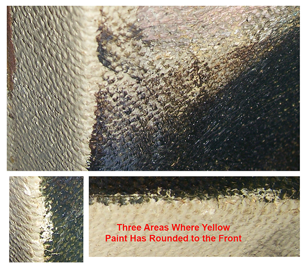 Three areas where the paint has rounded to the front.